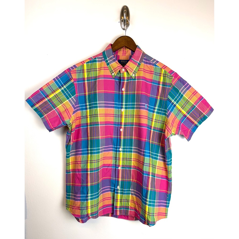 Polo Ralph Lauren Button Down Shirt XL Bright Plaid Untucked Fit Short Sleeve